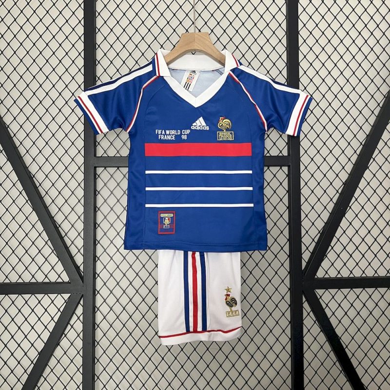 France 1998 Home Kids Retro Jersey And Shorts - Image 1